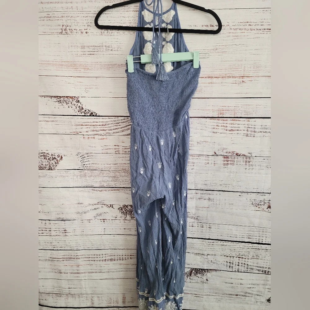 Chelsea & Violet Embroidered Halter Blue Jumpsuit S